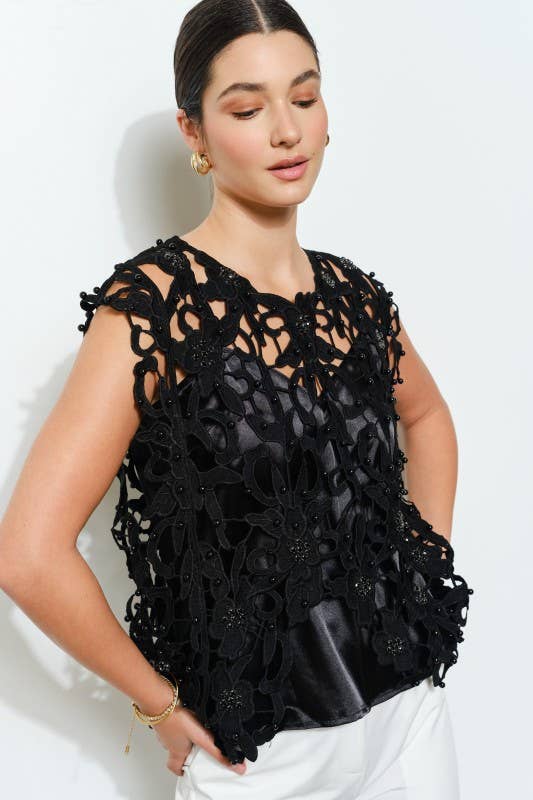 Pearl Rhinestone Embellished Lace Cutout Top