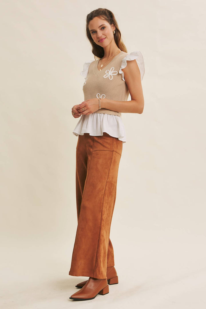 Easy to Love Embroidery Ruffle-Sleeve Mixed Sweater Top
