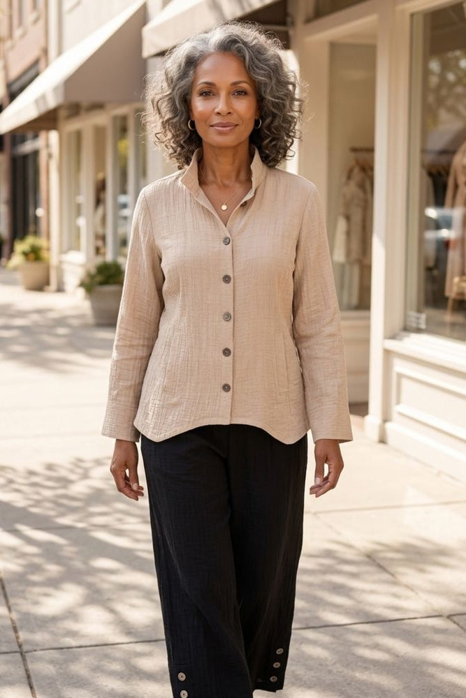 Rayon Jacquard Ruched Collar Shirt