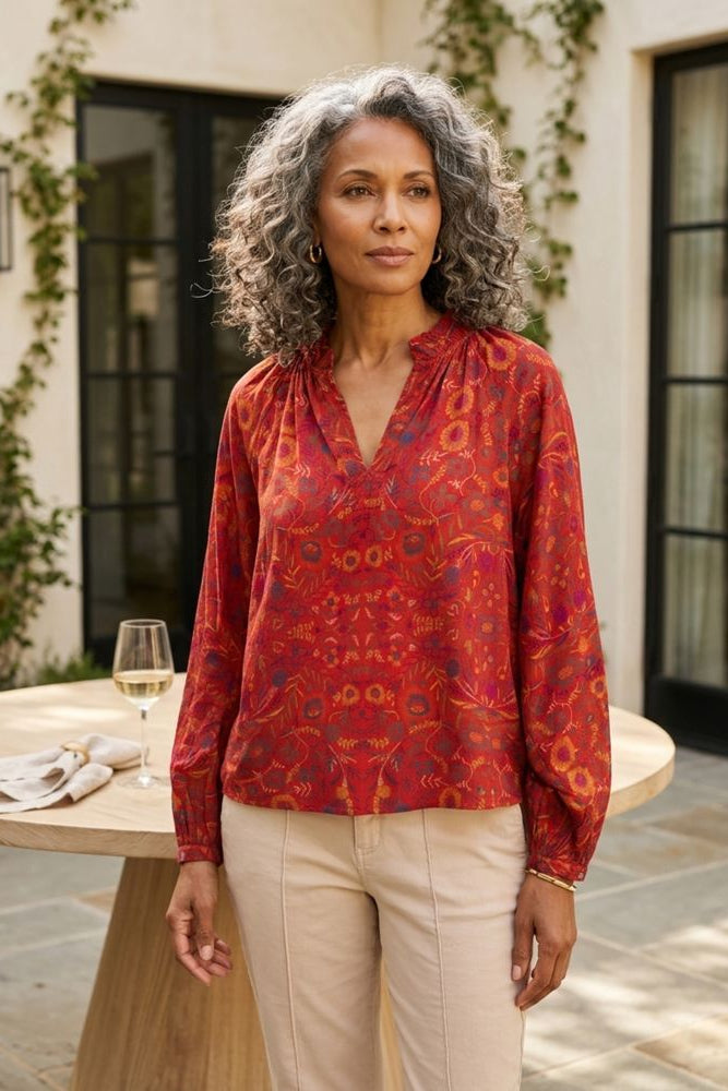 Rayon Crepe Garden Ruched Collar Shirt
