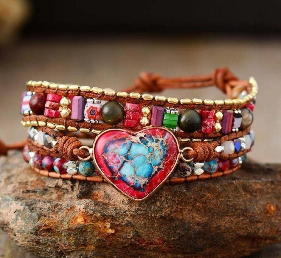 Handmade Mix Gemstone Heart Wrap Bracelet
