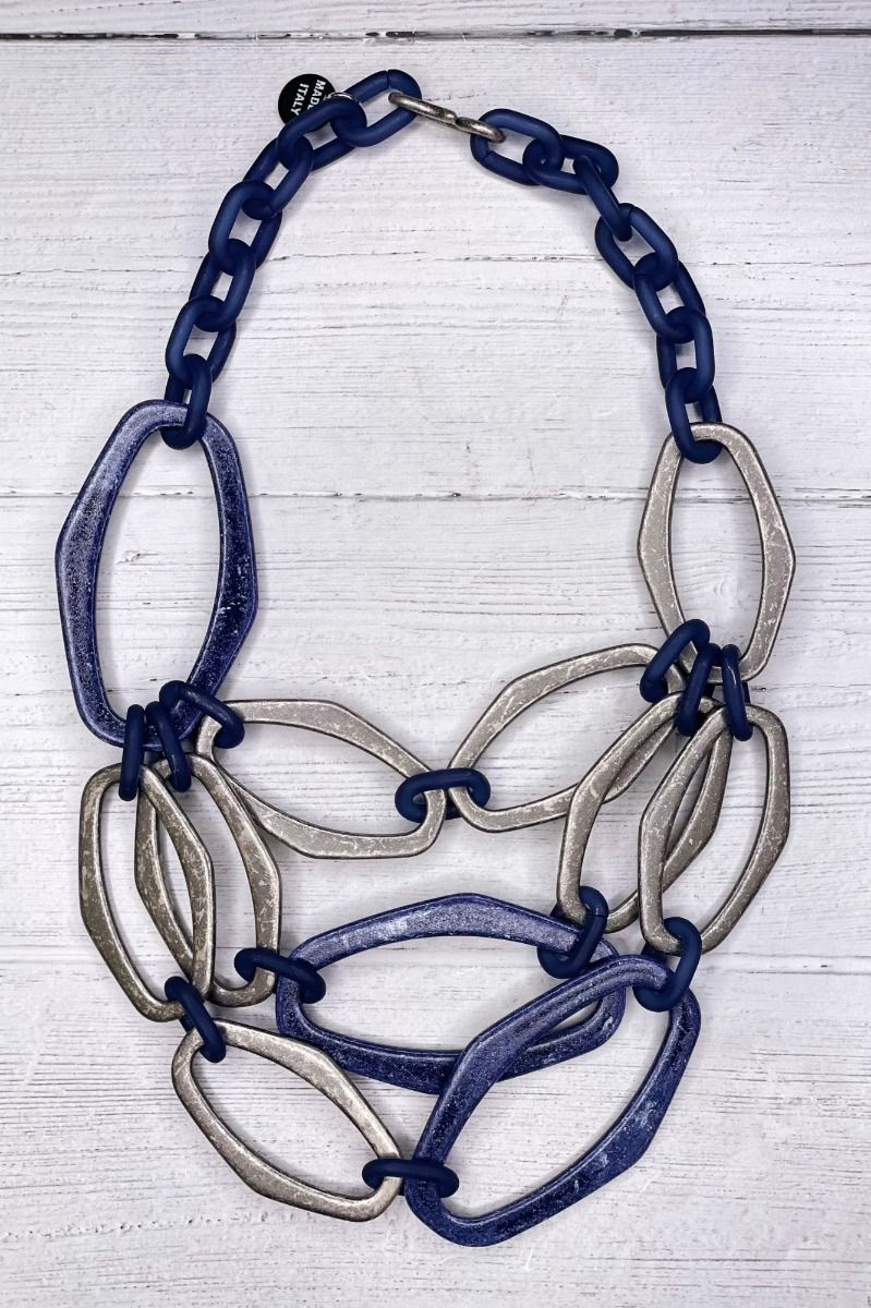 Wooden Silver and Blue Chain Necklace