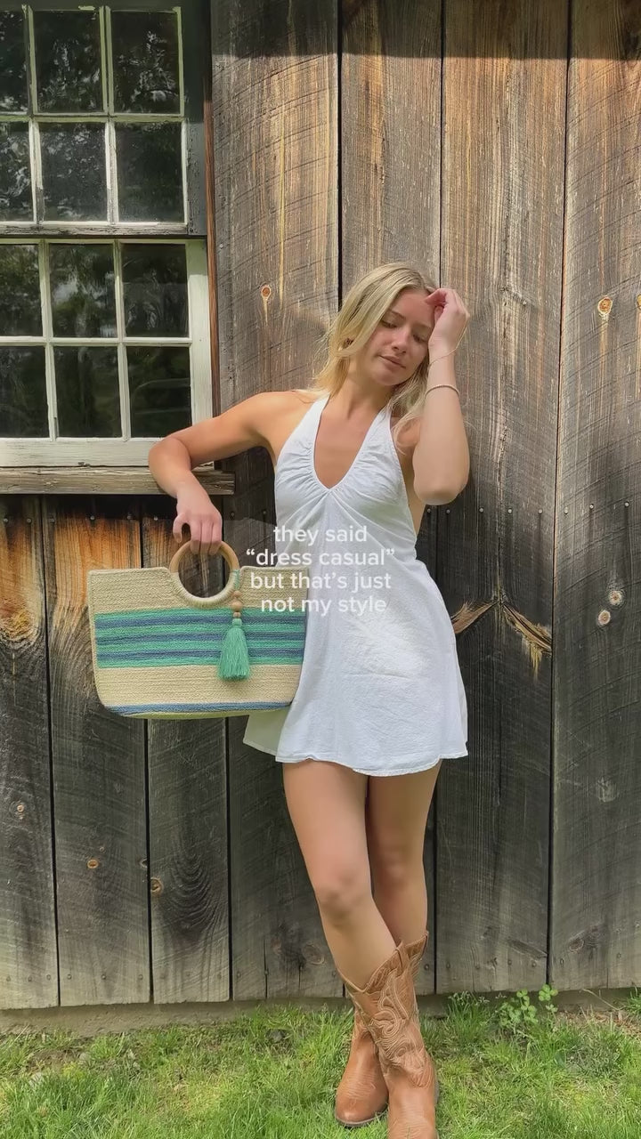 Striped Teagan Wood Handle Jute Tote with Tassel