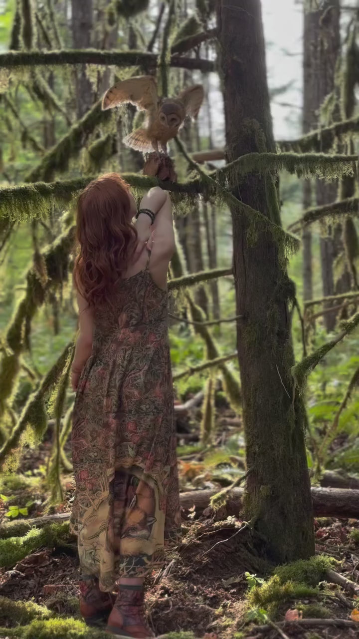 Woodland Wisdom Bohéme Maxi Slip Dress w/ Florals, Fox & Owl