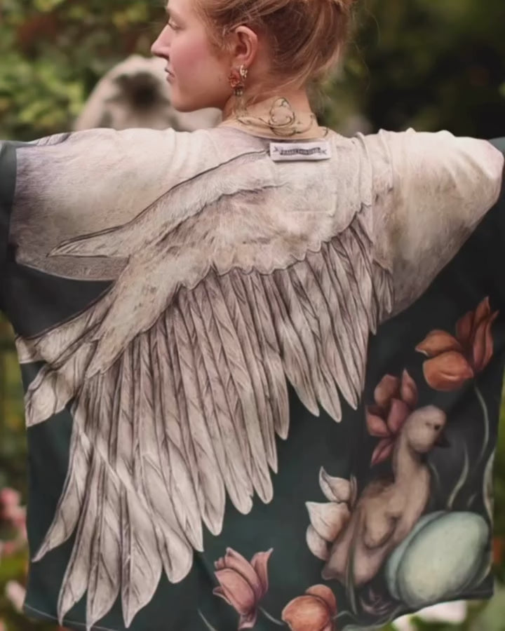 Under My Wing Pixie Crop Kimono w/ Swan & feathers
