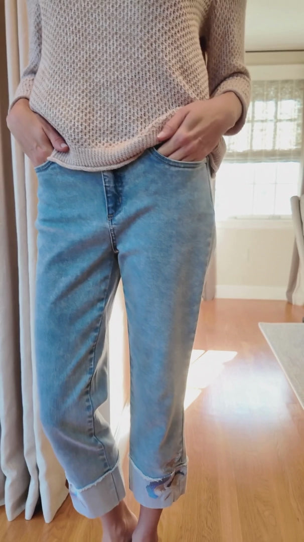 Stretch Denim Embroidered Cuff Capri