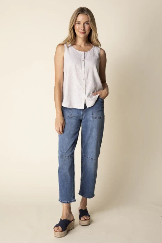 Linen Solid Pleat Back Button Tank