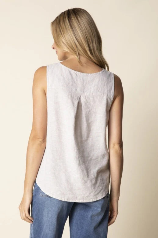 Linen Solid Pleat Back Button Tank