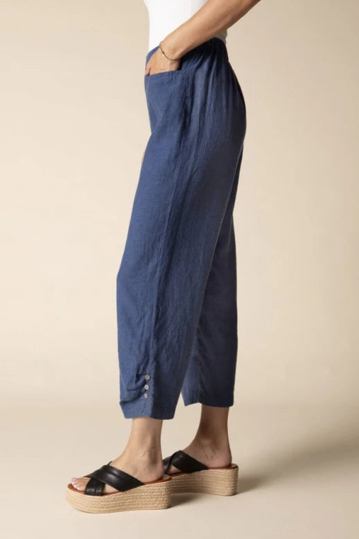 Linen Solid Pleat Button Capri