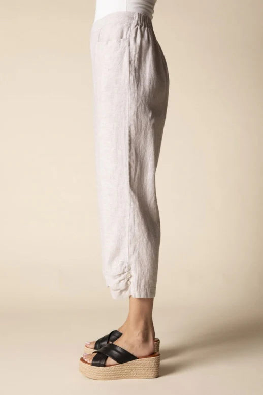 Linen Solid Pleat Button Capri