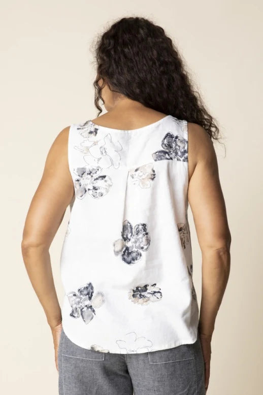 Linen Floral Pleat Back Button Tank