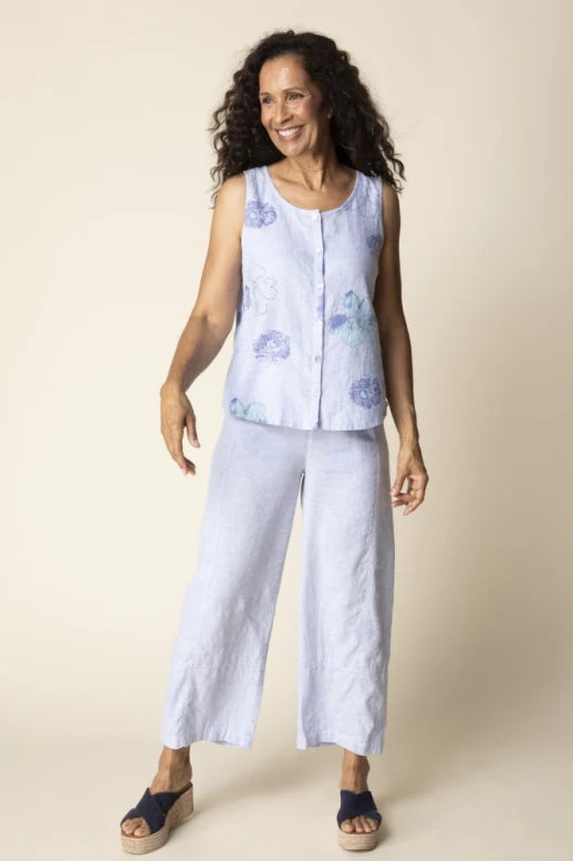 Linen Floral Pleat Back Button Tank