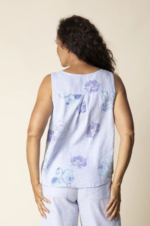 Linen Floral Pleat Back Button Tank