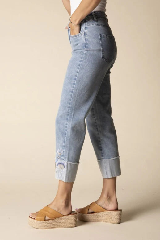 Stretch Denim Embroidered Cuff Capri