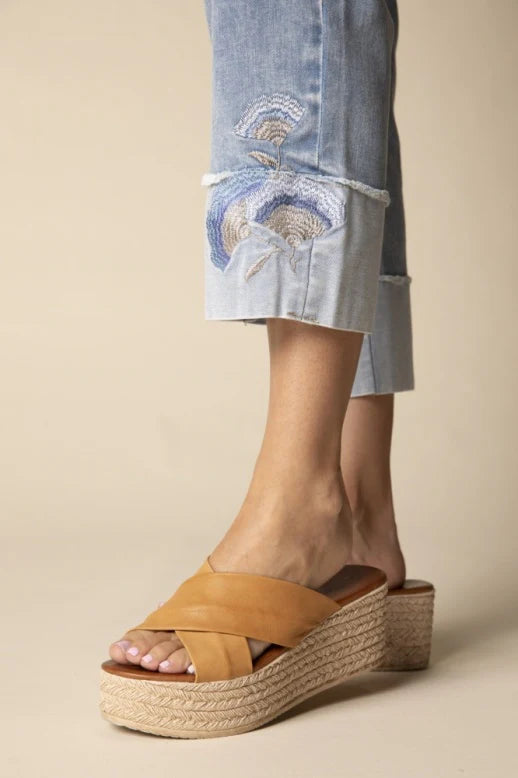 Stretch Denim Embroidered Cuff Capri