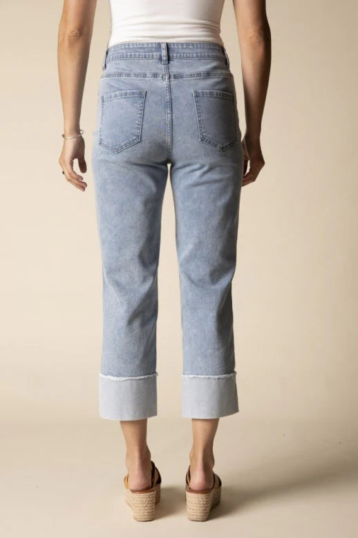Stretch Denim Embroidered Cuff Capri
