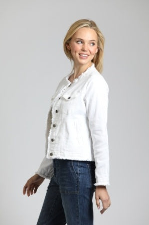 Collarless Jean Jacket with Frayed Detail