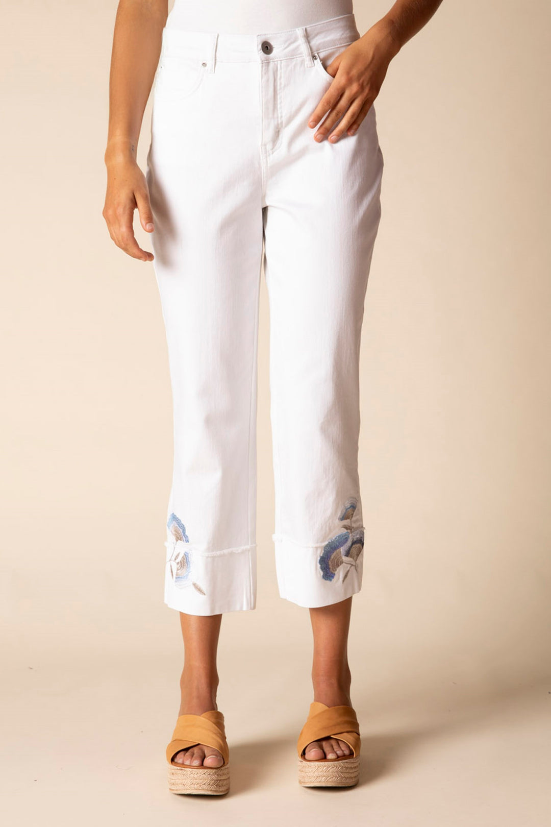 Stretch Denim Embroidered Cuff Capri