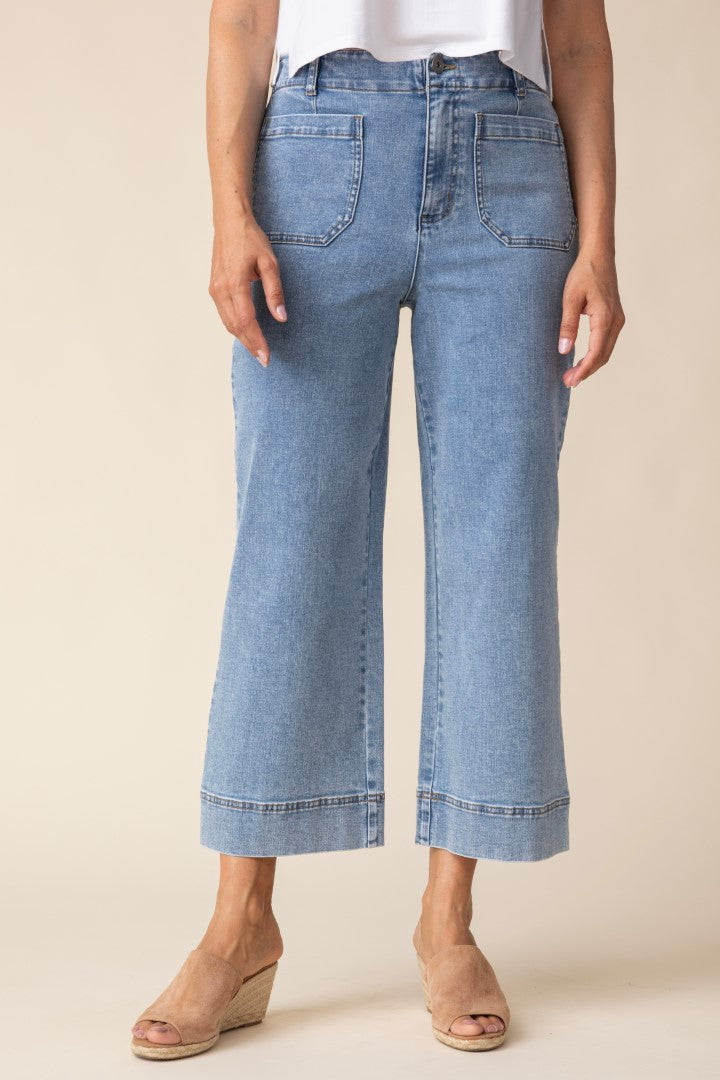 Stretch Denim Wide Leg Crop Jean