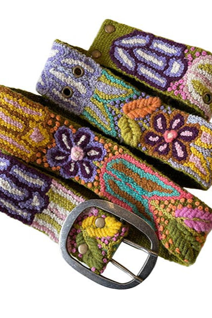 Folklorica Floral Embroidered Wool Belt, Olive